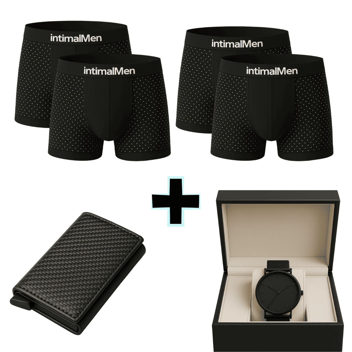 KIT 4 BOXERS EN FIBRE DE BAMBOU + PORTEFEUILLE SLIM + MONTRE TOUT EN NOIR