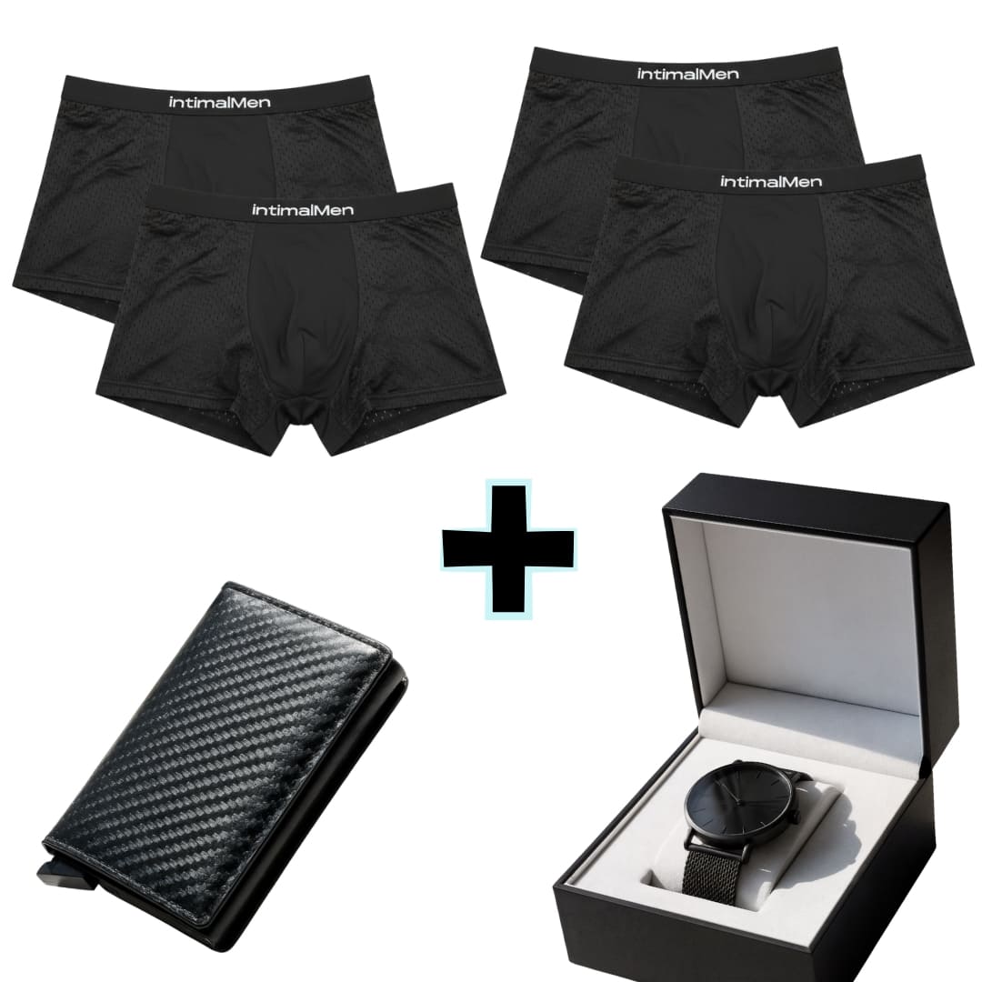 KIT 4 BOXERS EN FIBRE DE BAMBOU + PORTEFEUILLE SLIM + MONTRE TOUT EN NOIR.