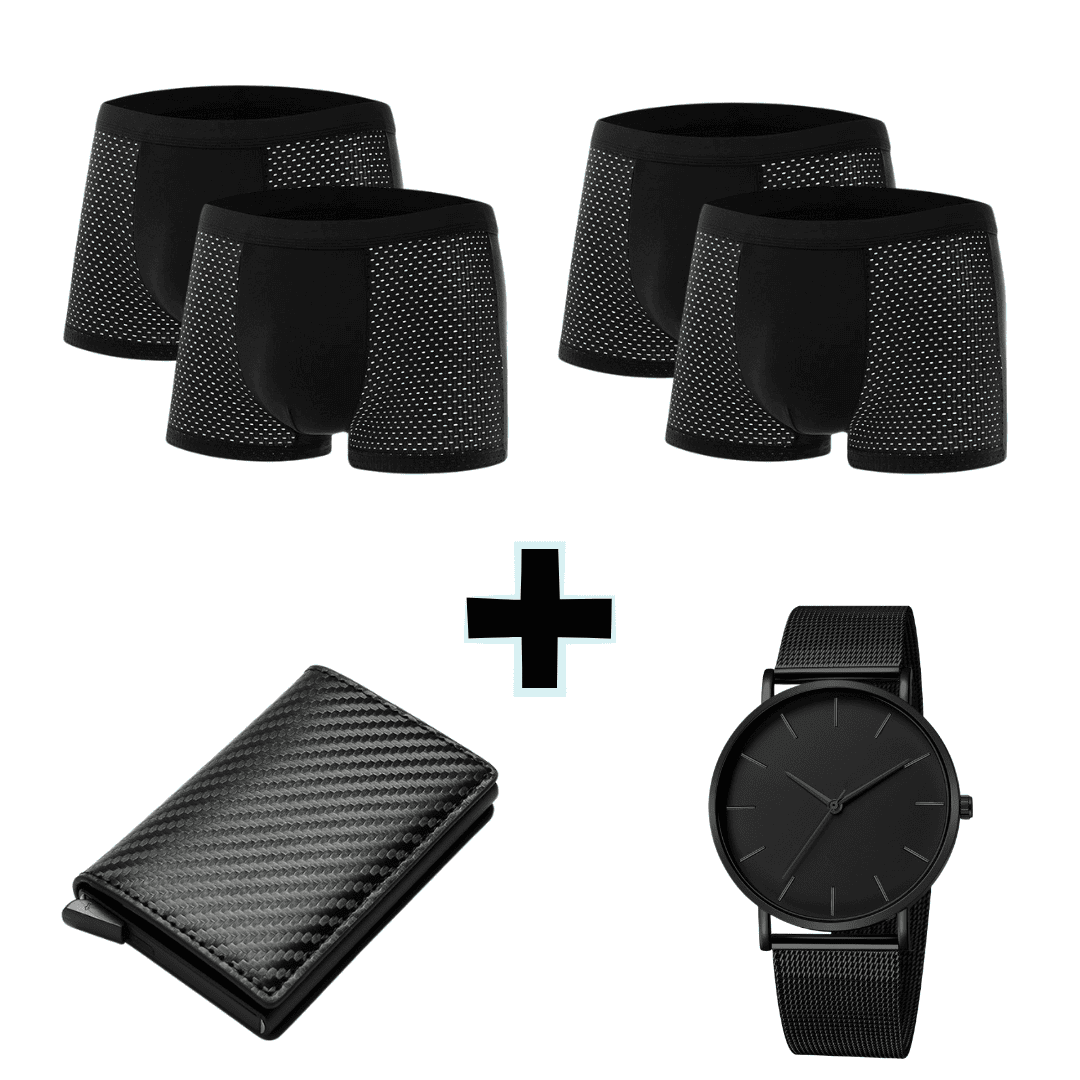 KIT 4 BOXERS EN FIBRE DE BAMBOU + PORTEFEUILLE SLIM + MONTRE TOUT EN NOIR